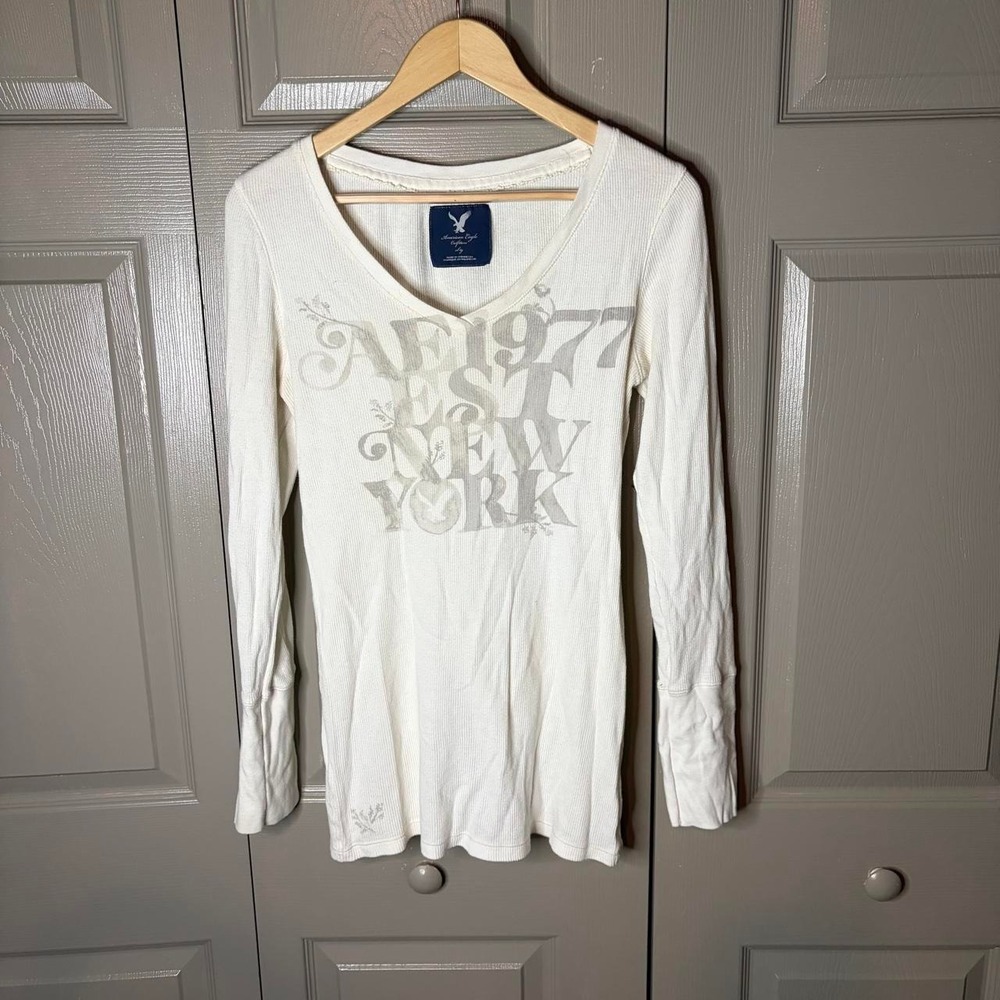 American Eagle Womens XL White Long Sleeve New York Graphic Thermal Shirt Y2K